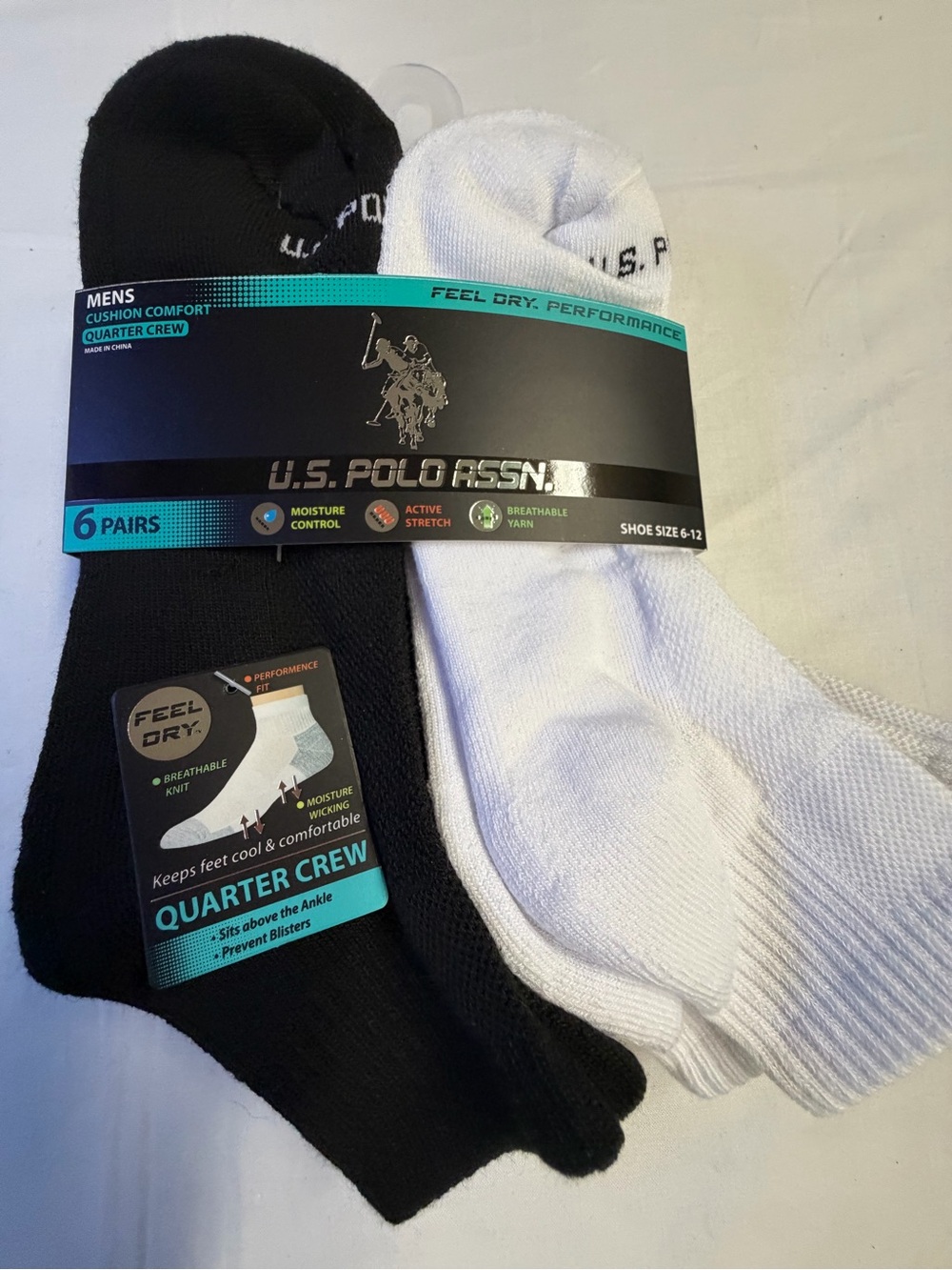 U.S. Polo Assn. Men’s Quarter Crew Socks - Black & White (6 Pack)